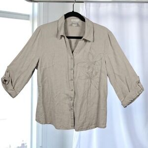 Tweed Button-Up Top Linen Floral Embroidered 3/4‎ Sleeve Casual Shirt S